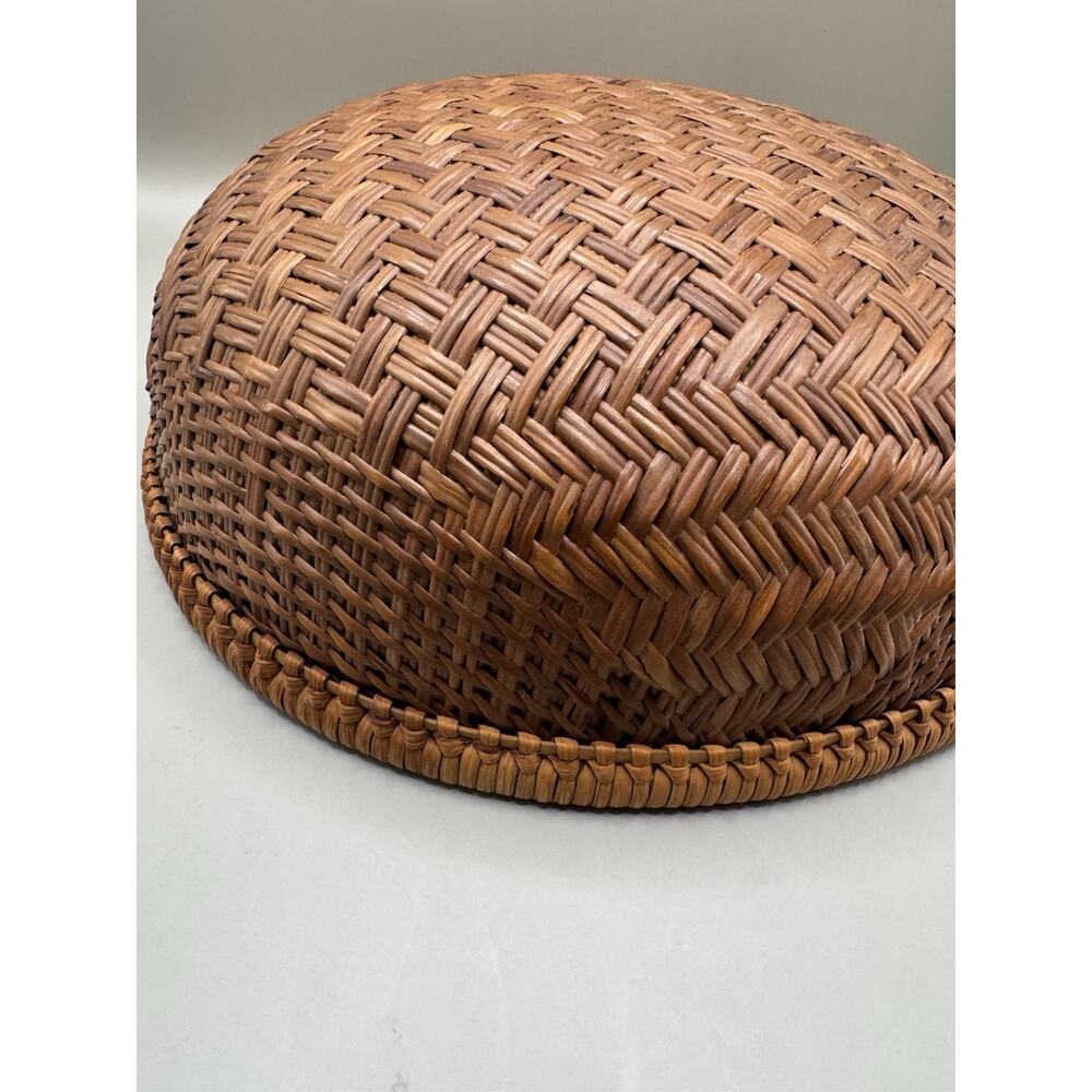Handwoven Rattan Basket Bowl 11” Vintage Herringbone Cane Woven Boho Decor Farm
